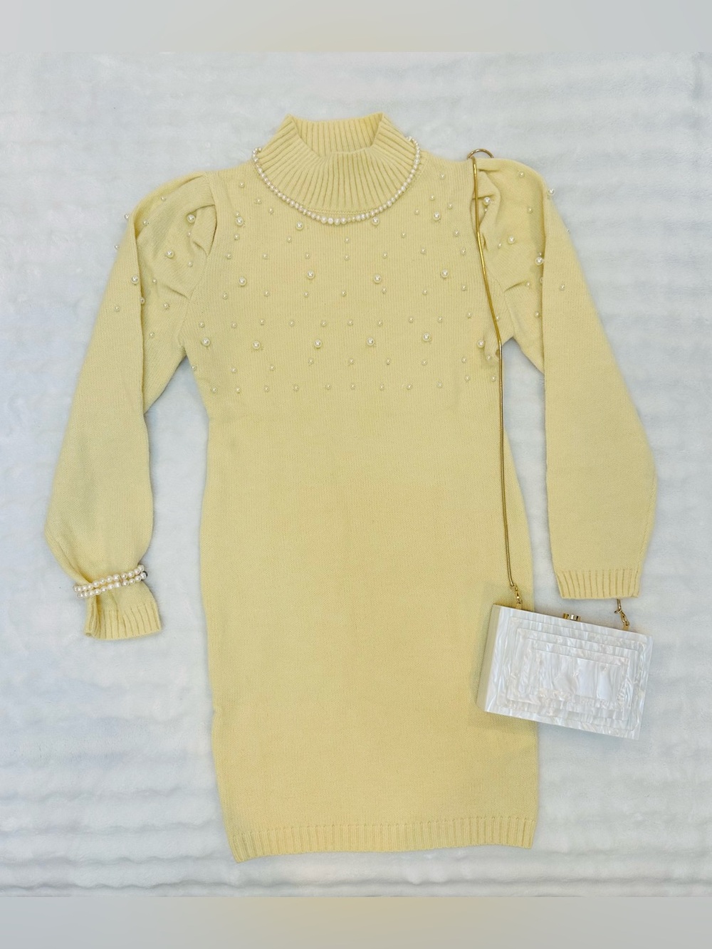 Pearl-Embellished Yellow Knit Sweater Dress